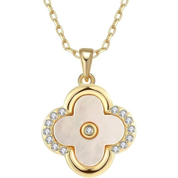 Jewelry - Women's Gold Plated Clover Shaped Dainty CZ Rhinestone Pendant Necklace